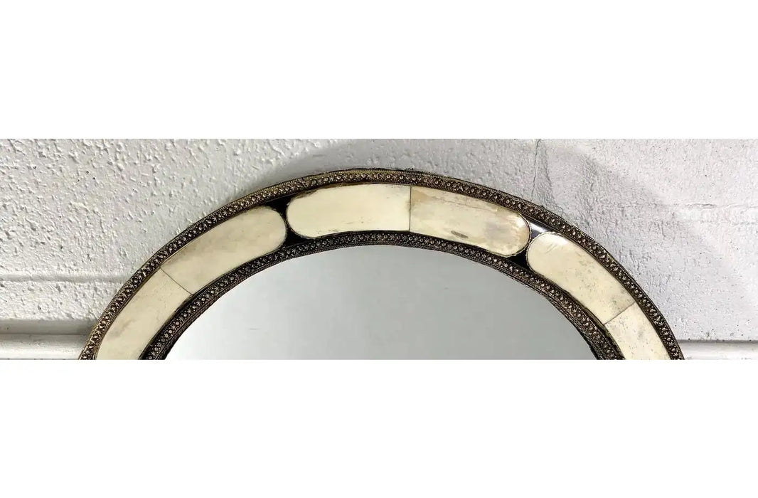 Art Deco Style Round White Frame & Antiqued Brass Filigree Inlay Mirror, a Pair