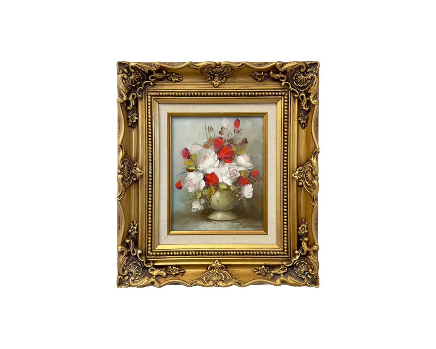 Still Life Flowers Oil on Canvas Painting in Custom Gilt Frame, Signed C.Johnson