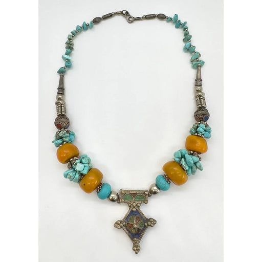 Tribal Moroccan Berber Turquoise and Yellow Stone Necklace With Antique Pendant