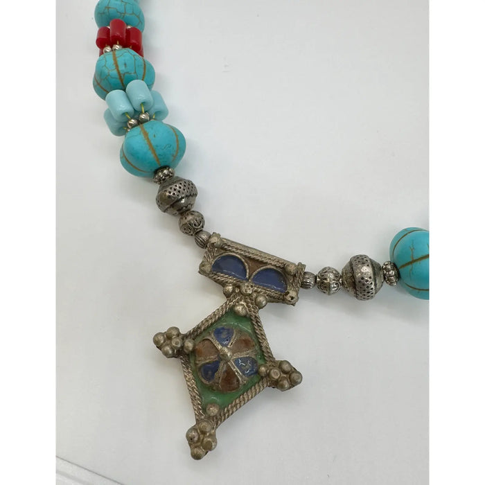 Tribal Moroccan Turquoise & Silver Necklace With Diamond Shaped Pendant