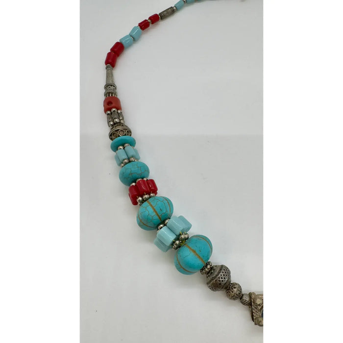 Tribal Moroccan Turquoise & Silver Necklace With Diamond Shaped Pendant