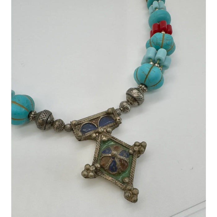 Tribal Moroccan Turquoise & Silver Necklace With Diamond Shaped Pendant