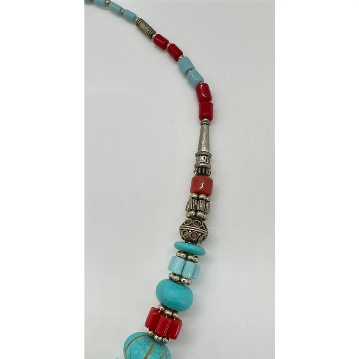 Tribal Moroccan Turquoise & Silver Necklace With Diamond Shaped Pendant