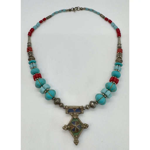 Tribal Moroccan Turquoise & Silver Necklace With Diamond Shaped Pendant