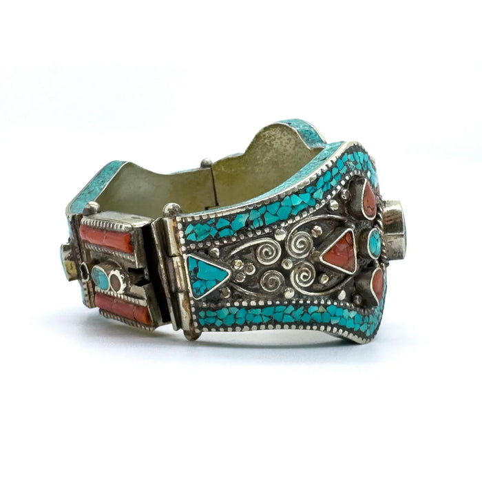 Vintage Moroccan Tribal Turquoise & Coral Jewelry Set, Cuff , Ring , Pair of Earrings (4 Pcs)