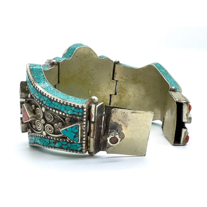 Vintage Moroccan Tribal Turquoise & Coral Jewelry Set, Cuff , Ring , Pair of Earrings (4 Pcs)