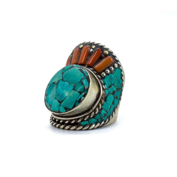Vintage Moroccan Tribal Turquoise & Coral Jewelry Set, Cuff , Ring , Pair of Earrings (4 Pcs)