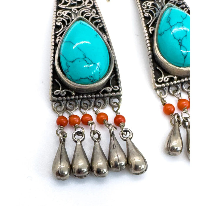 Vintage Moroccan Tribal Turquoise & Coral Jewelry Set, Cuff , Ring , Pair of Earrings (4 Pcs)