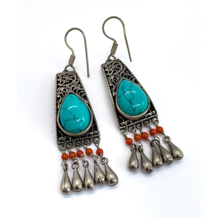 Vintage Moroccan Tribal Turquoise & Coral Jewelry Set, Cuff , Ring , Pair of Earrings (4 Pcs)
