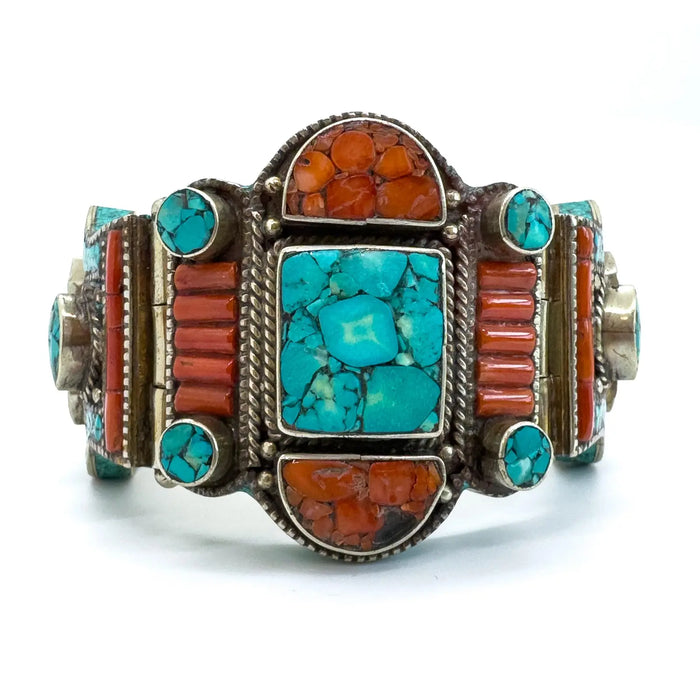 Vintage Moroccan Tribal Turquoise & Coral Jewelry Set, Cuff , Ring , Pair of Earrings (4 Pcs)