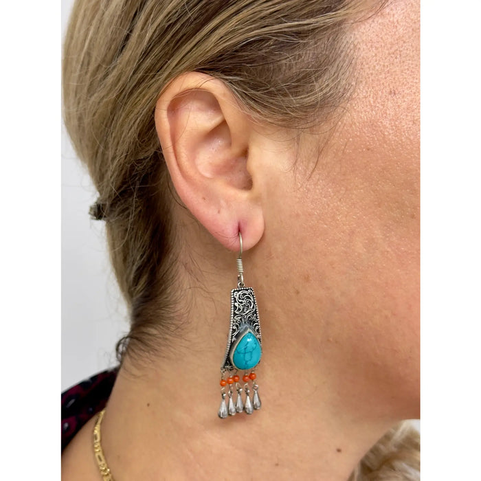 Vintage Moroccan Tribal Turquoise & Coral Jewelry Set, Cuff , Ring , Pair of Earrings (4 Pcs)
