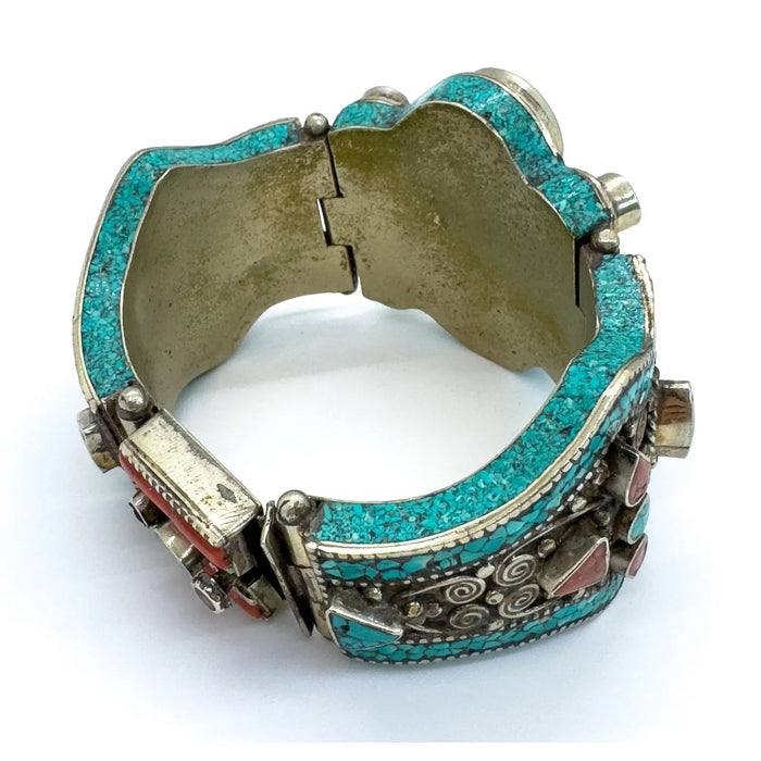 Vintage Moroccan Tribal Turquoise & Coral Jewelry Set, Cuff , Ring , Pair of Earrings (4 Pcs)