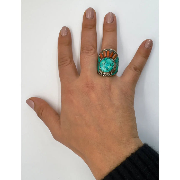 Vintage Moroccan Tribal Turquoise & Coral Jewelry Set, Cuff , Ring , Pair of Earrings (4 Pcs)