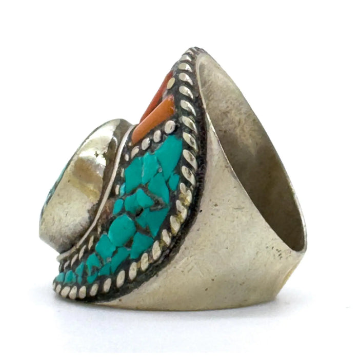 Vintage Moroccan Tribal Turquoise & Coral Jewelry Set, Cuff , Ring , Pair of Earrings (4 Pcs)
