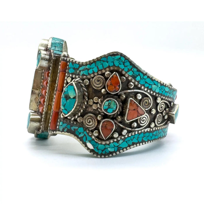 Vintage Moroccan Tribal Turquoise & Coral Jewelry Set, Cuff , Ring , Pair of Earrings (4 Pcs)