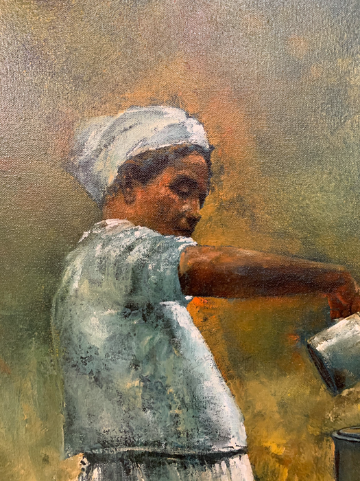 Large Oil on Canvas Figurative Painting of a Farmer Woman by a Well