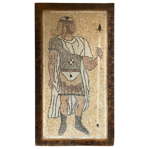 Italian Mosaic Tile Wall Plaque or Table Top of a Centurion in Wood Carved Frame