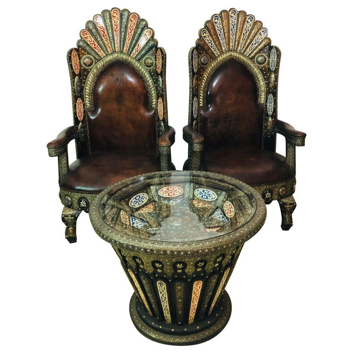 Majestic Moroccan Pair of Chairs & Table in  Fine Leather Brass, Natural Stones and Camel Bone Inlaid
