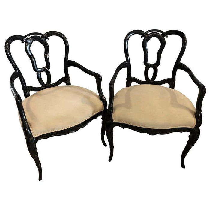 Pair of Hollywood Regency Style Lacquer Bamboo Form Armchairs in Ebony Finish