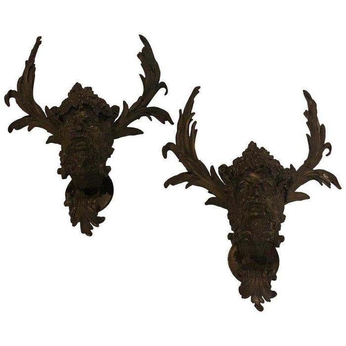 19th Century Pair of Antique Patinated Bronze Satirical Mask Wall Lights Sconces