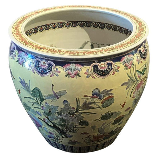 Very Large Vintage Chinese Yellow and White Jardinière or Fish Bowl Planter