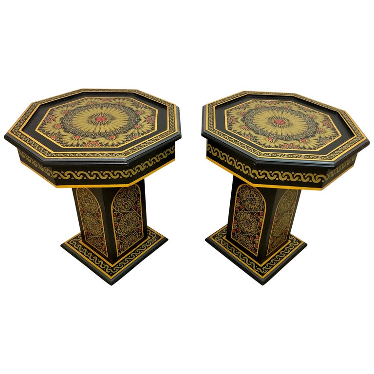 Hand Painted Black Moroccan End, Side or Lamp Tables Octagonal Shaped, a Pair