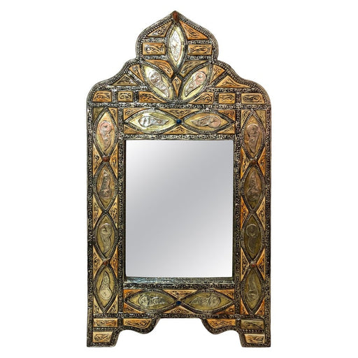 Vintage Moroccan Vanity or Wall Mirror Arched in Brass and Orange Natural Bone
