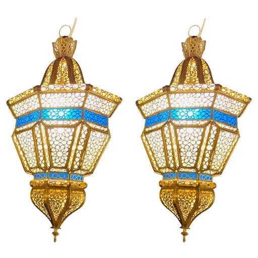 A Pair of Gold Brass with Blue and White Lanterns
