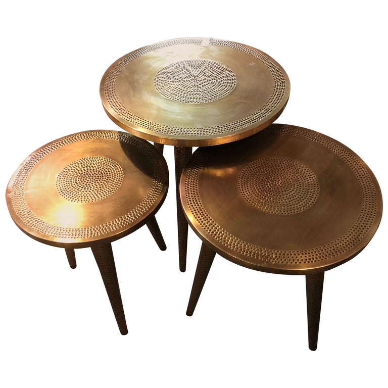 A Nest of Three Mid Century Modern Style Brass Nest of Tables or End Tables