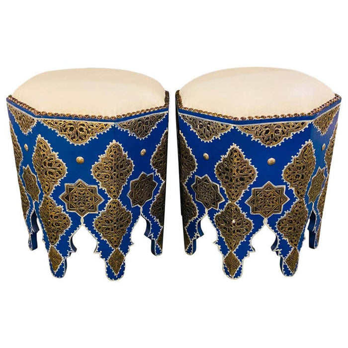 A Pair of Handmade Moroccan White Brass on Wood Ottomans, White Leather Top