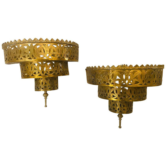 1970's Demilune Brass Moroccan Wall Sconce, a Pair