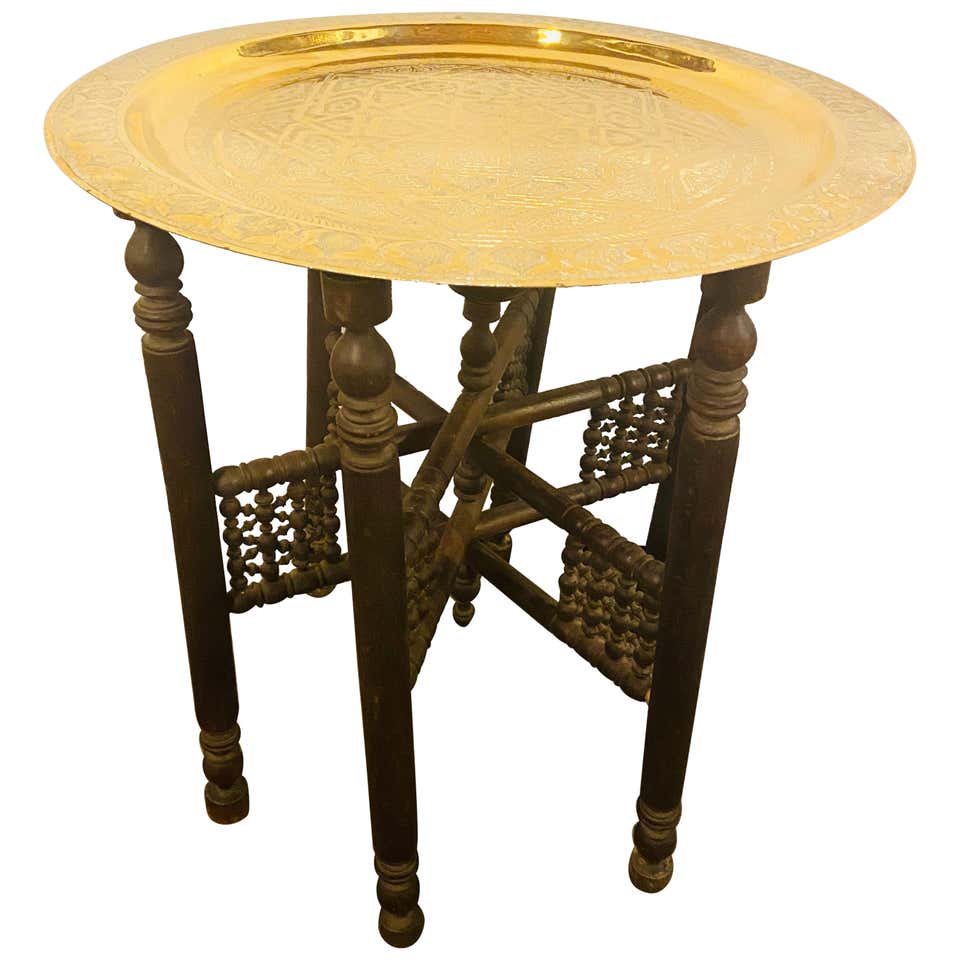 Moroccan Traditional Tea Table Engraved Brass Tray Top Folding