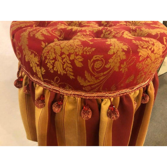 Deco Upholstered Tufted Red and Gilt Decorated Ottoman or Footstool