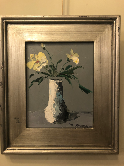1980s Still Life with White Flowers & Vase Oil on Canvas Framed Painting