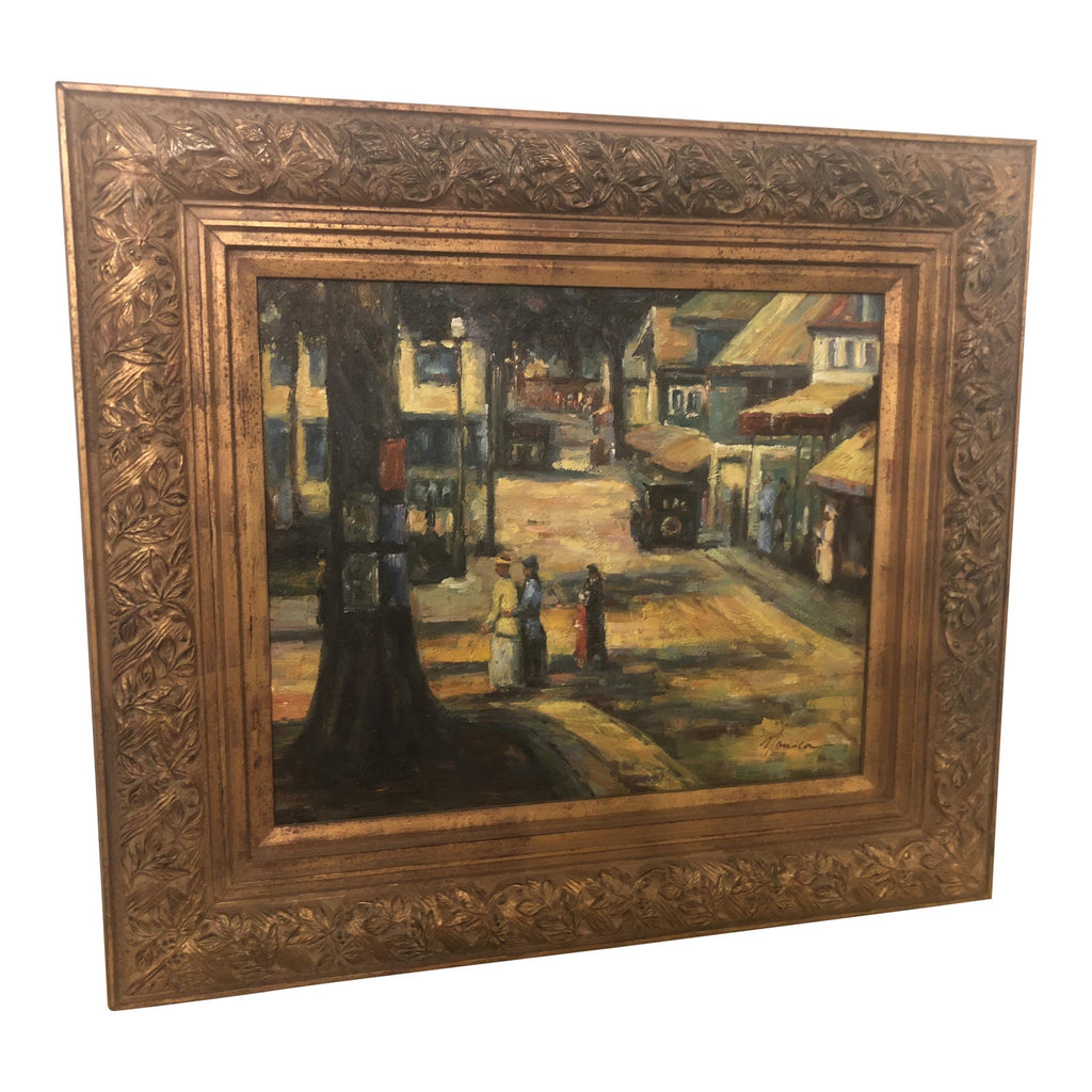 1980s Women Promenading in the City Impressionistic Oil on Canvas Painting
