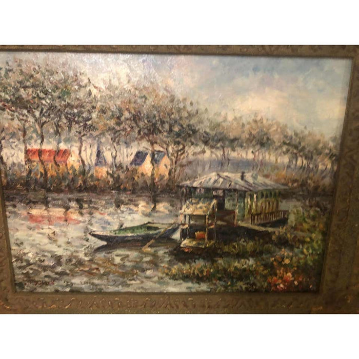 Landscape River Oil on Canvas Painting Framed and Signed