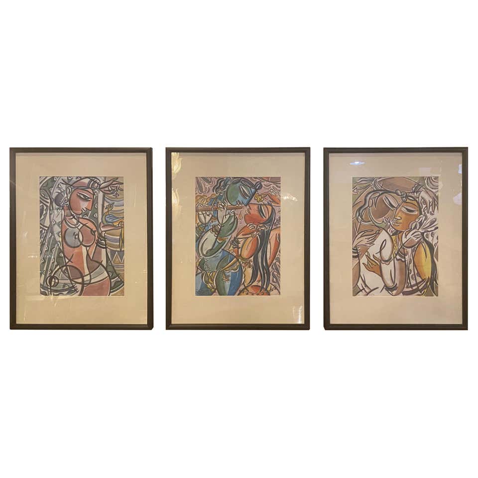 Man and Woman Figurative Water Color Paintings, a Group of 3