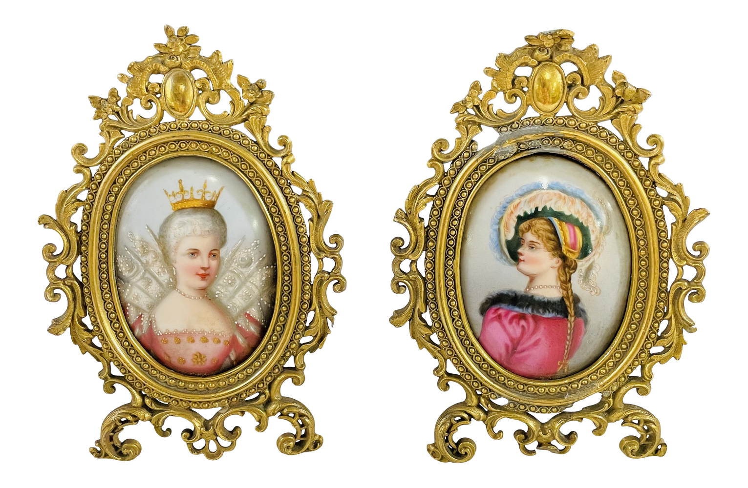 19th Century Porcelain Portrait Plaque in a Brass Frame, a Pair