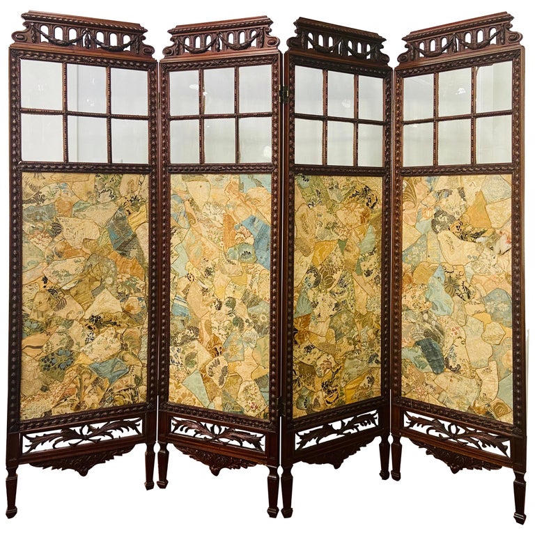 19th Century English Carved Mahogany and Glass Four-Panel Room Divider or Screen