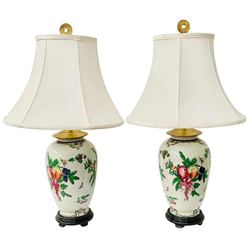 Chinese Export Ceramic Floral Table Lamp, a Pair