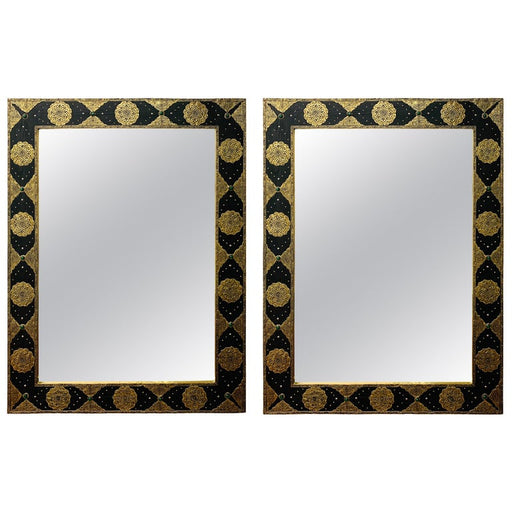 Hollywood Regency Moroccan Mirror with Filigree Brass Inlay on Ebony, a Pair