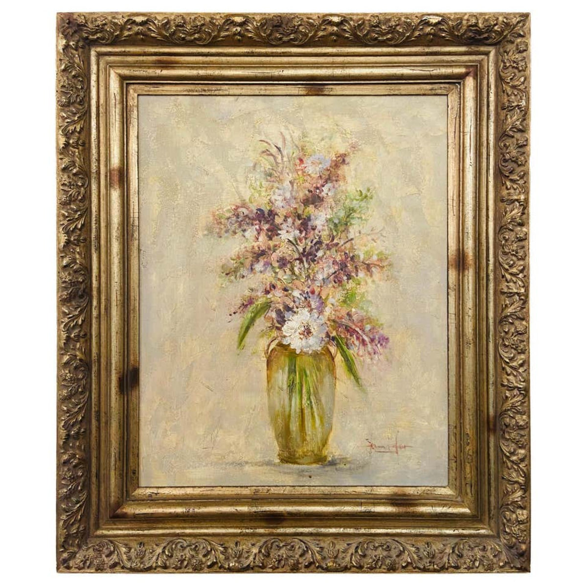 Oil on Canvas Still Life Painting of Flowers and Lavender Framed and S
