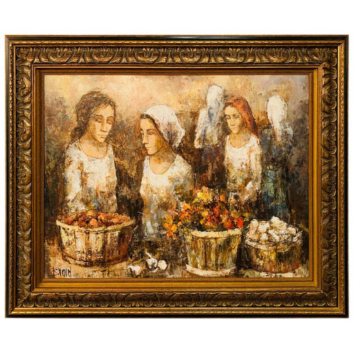 Three Women Farmers Oil on Board Painting, Signed by Bunuel and Framed
