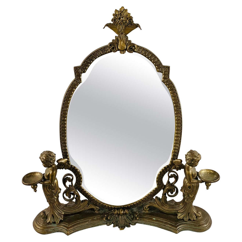 French Bonze Vanity Mirror with Cherubs Candle Holders