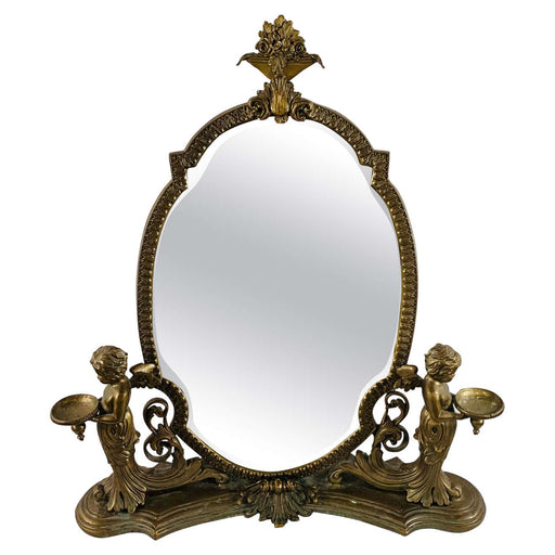French Bonze Vanity Mirror with Cherubs Candle Holders
