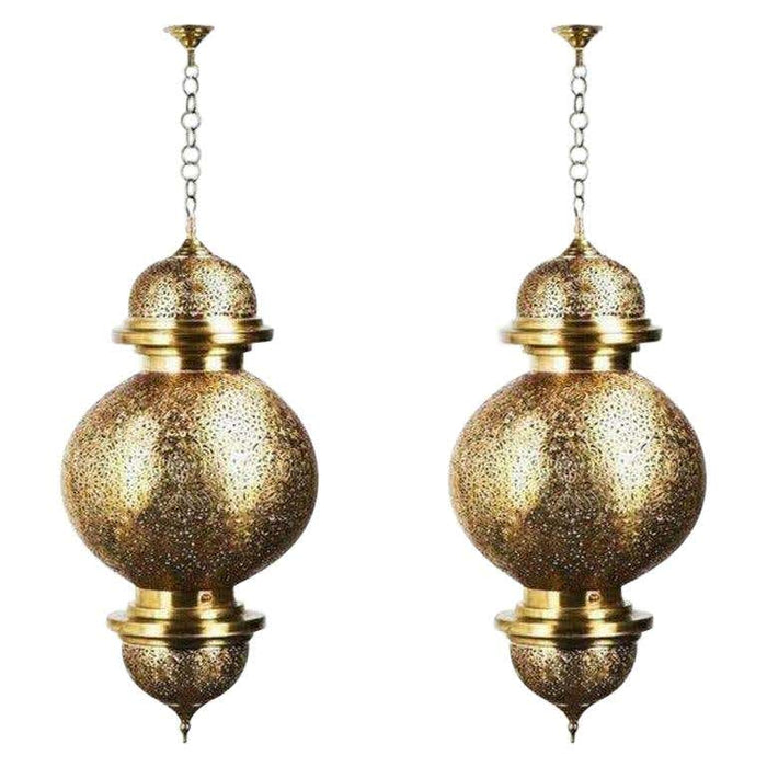 Moroccan Large Brass Chandelier or Pendant with Filigree Design, a Pair