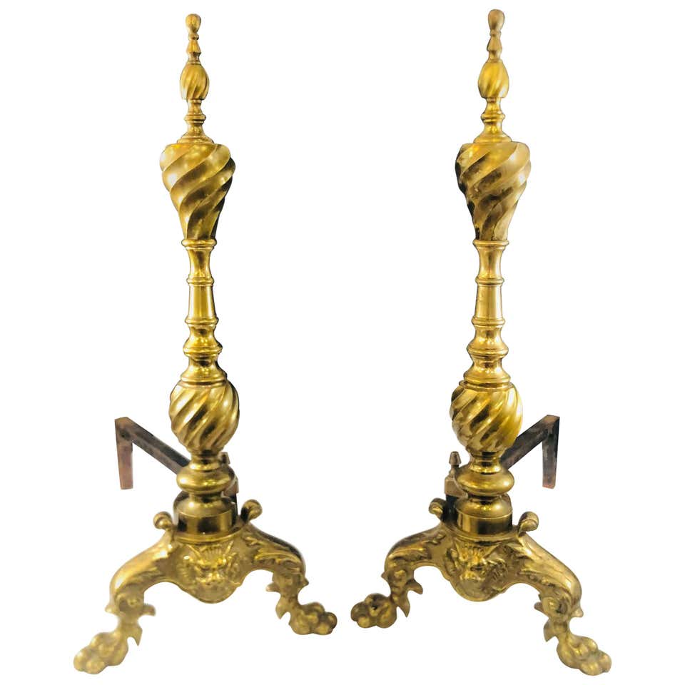 Late 19th Century Large Georgian English Brass Andirons, a Pair