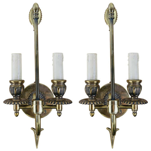 Antique Federal Style Double Arm Brass Wall Sconce, a Pair