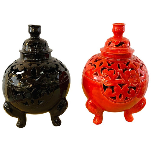 Pair of Tri-Legged Lidded Urns in Red and Black