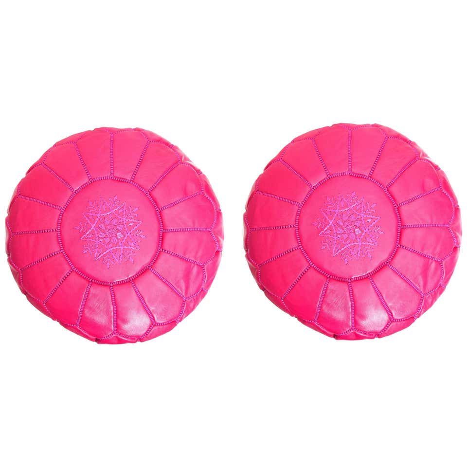 Moroccan Handmade Hot Pink Leather Pouf or Ottoman, a Pair